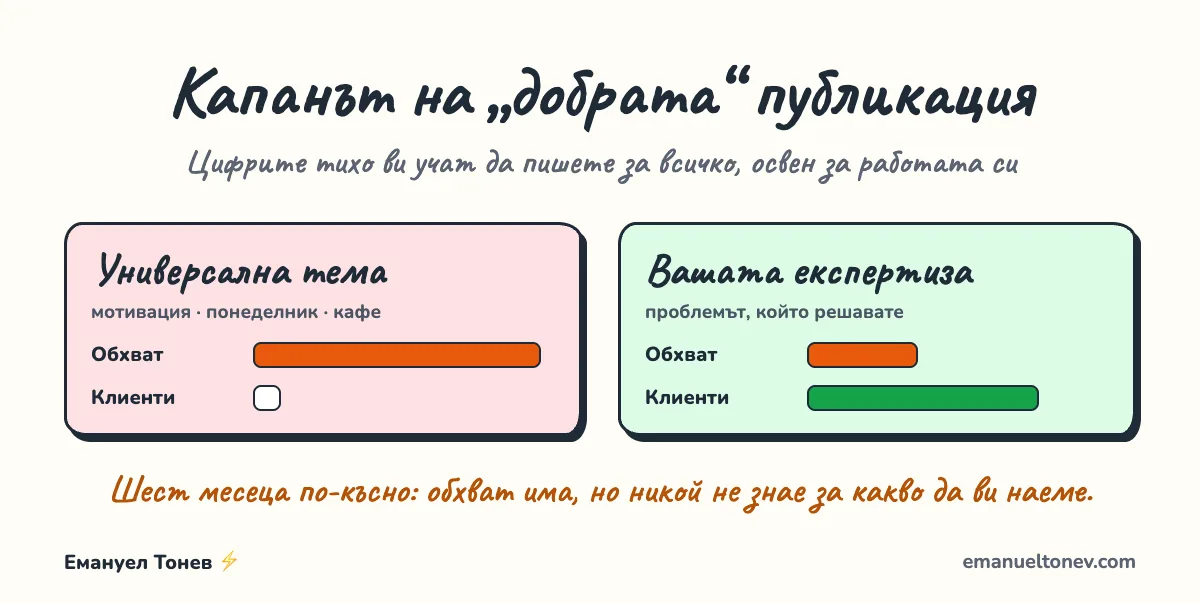 Капанът на добрата публикация: универсалните теми носят обхват, а публикациите за експертизата ви носят клиенти