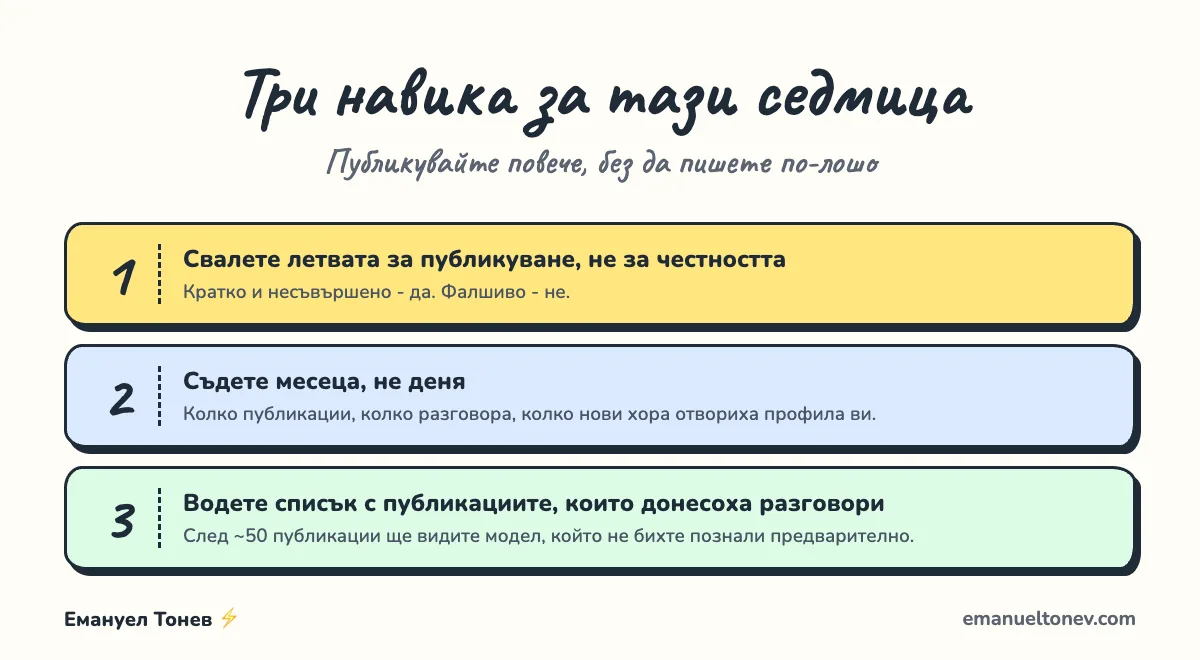 Три навика за публикуване в LinkedIn: по-ниска летва без компромис с честността, оценка за месец и списък с разговори